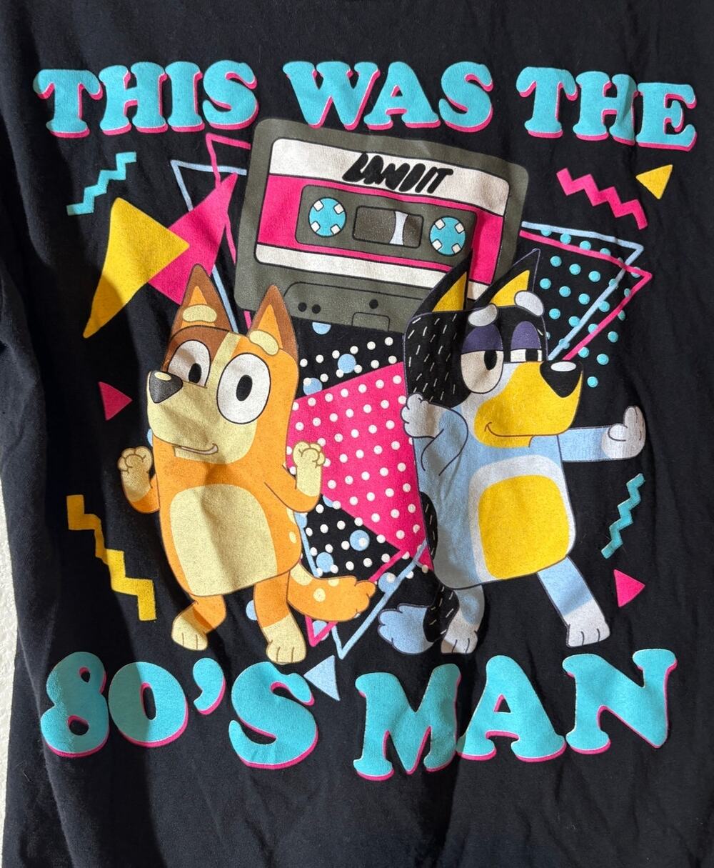 Bluey Men's Size S (34/36) Graphic Tee 80s Themed Black Short Sleeve T-Shirt